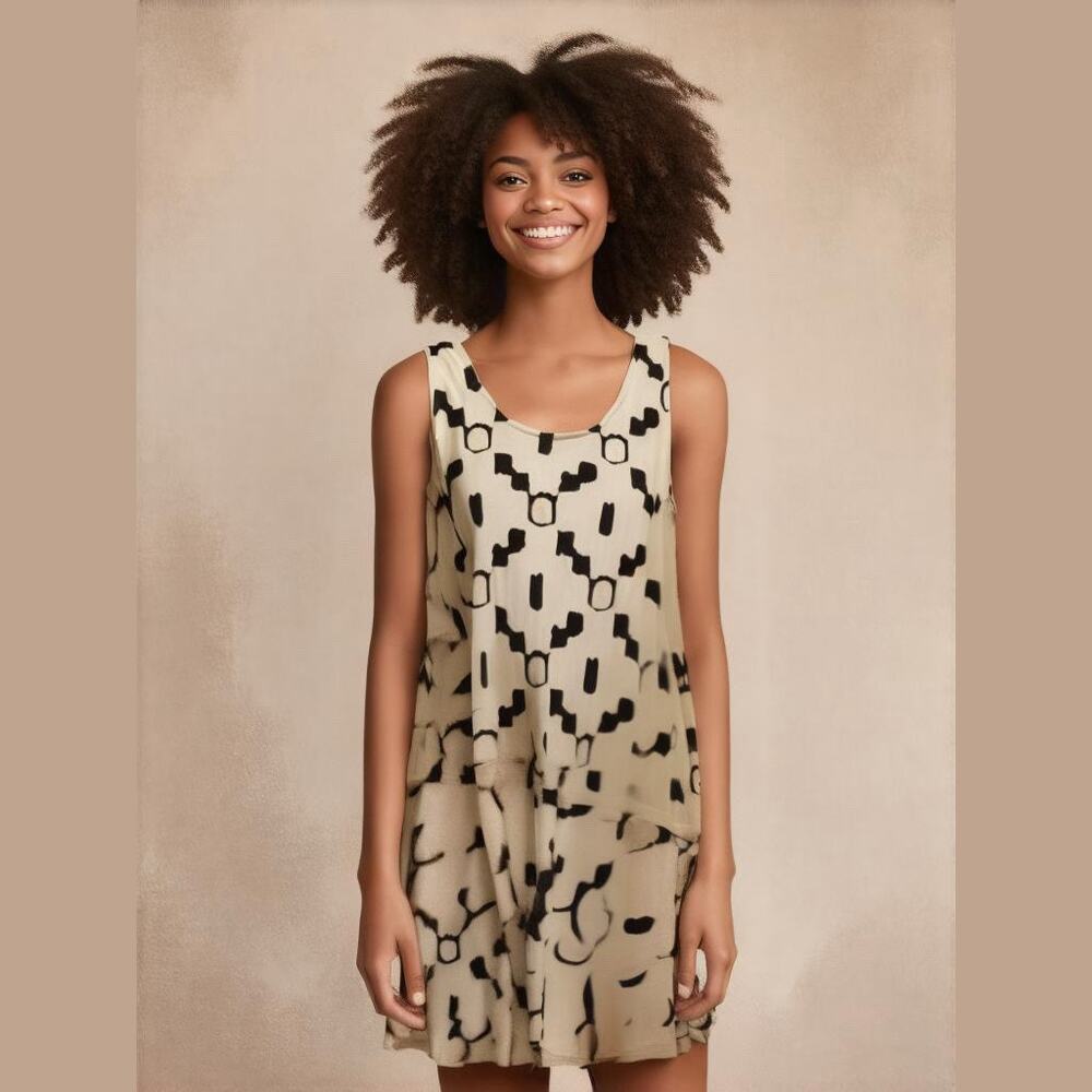H&M Cream & Black Geometric Print Knit Dress Sleeveless Scoop Neck Pullover S